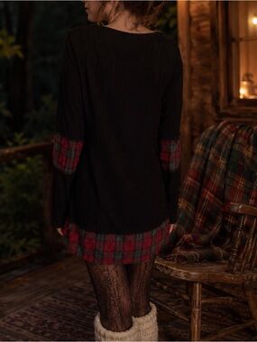 miss 2 day Black Plaid Long Sleeve Top Cottagecore Cabincore Made in USA Size S